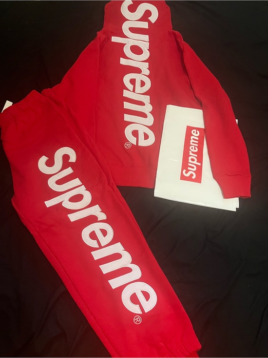Supreme Other - Supreme Red and White Vertical Logo Hoodie & Sweatpants Set